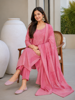 Crtx pink jaquard pure cotton kurti with dupatta and pant 4