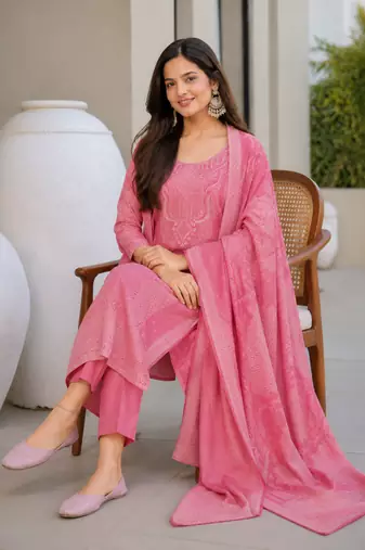 Crtx pink jaquard pure cotton kurti with dupatta and pant