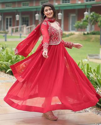 Red georgette readymade anarkali suit with zari & embroidery work 5