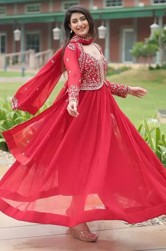 Red georgette readymade anarkali suit with zari & embroidery work