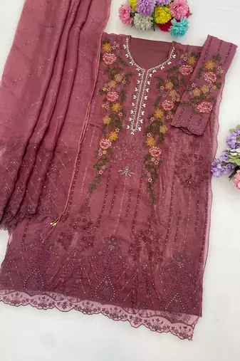 Purple silk semi stitched suit with embroidery & sequin  work