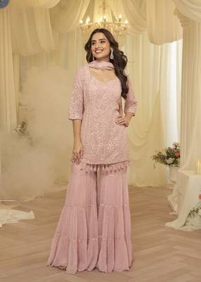 Pink georgette free size stitched suit with chikankari embroidery work 2