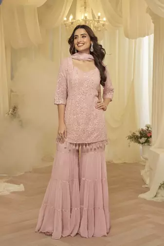 Pink georgette free size stitched suit with chikankari embroidery work