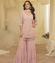 Pink georgette free size stitched suit with chikankari embroidery work