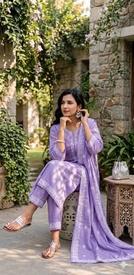 Crtx light purple jaquard pure cotton kurti with dupatta and pant 5