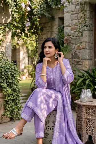 Crtx light purple jaquard pure cotton kurti with dupatta and pant