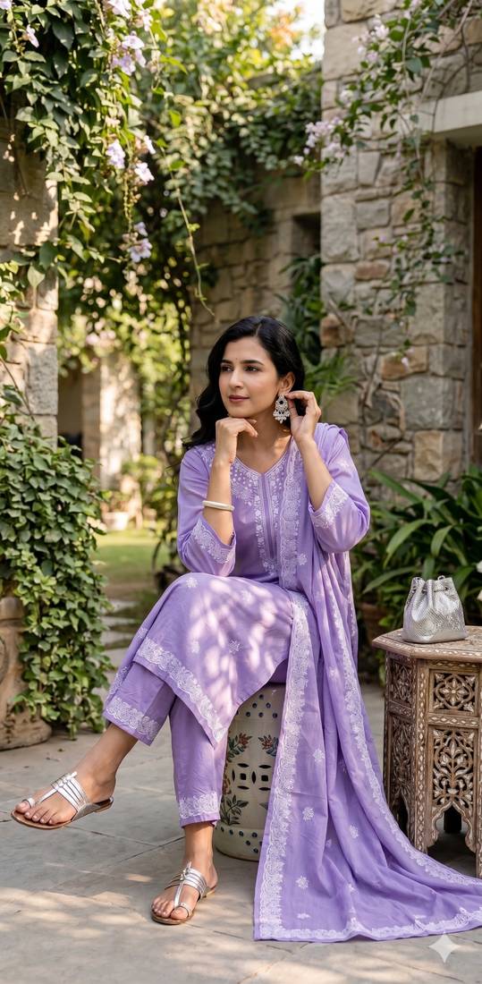 Crtx light purple jaquard pure cotton kurti with dupatta and pant