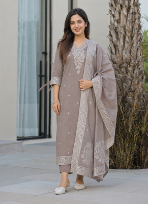 Crtx light brown jaquard pure cotton kurti with dupatta and pant 1