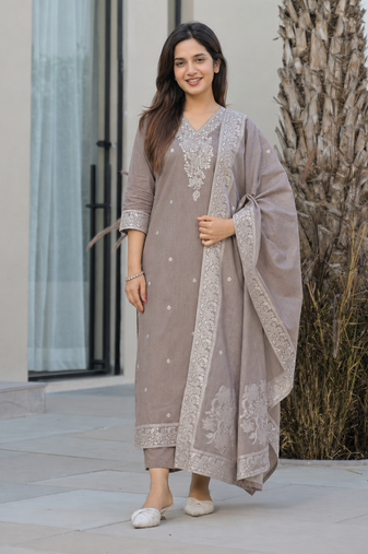  light brown jaquard pure cotton kurti with dupatta and pant