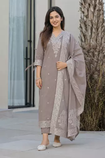 Crtx light brown jaquard pure cotton kurti with dupatta and pant