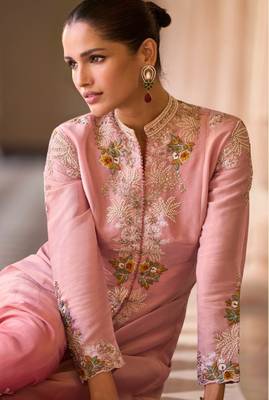 Pink silk readymade shrug suit with beads & embroidery work 5