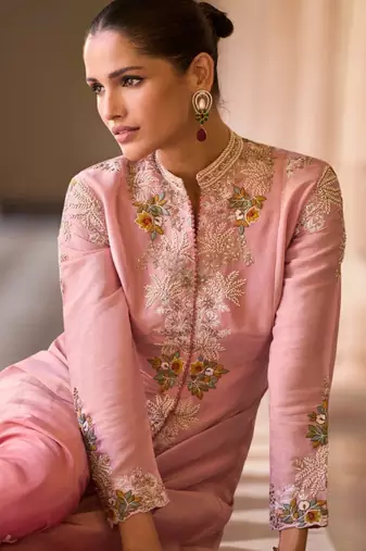 Pink silk readymade shrug suit with beads & embroidery work