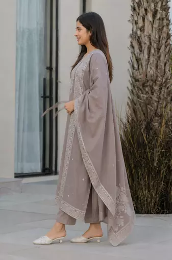 Crtx light brown jaquard pure cotton kurti with dupatta and pant
