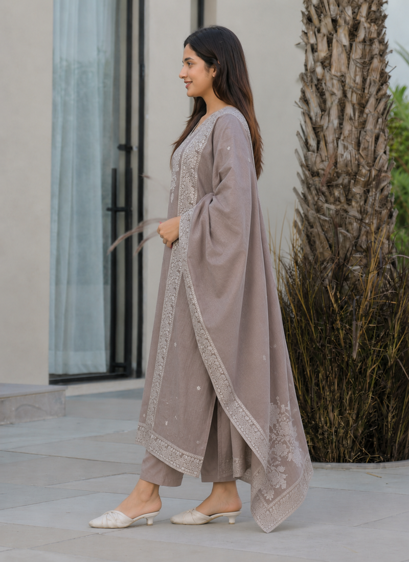 Crtx light brown jaquard pure cotton kurti with dupatta and pant