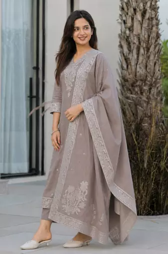 Crtx light brown jaquard pure cotton kurti with dupatta and pant