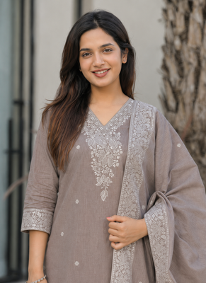 Crtx light brown jaquard pure cotton kurti with dupatta and pant 5