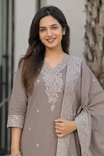 Crtx light brown jaquard pure cotton kurti with dupatta and pant