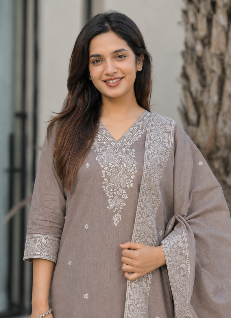 Crtx light brown jaquard pure cotton kurti with dupatta and pant