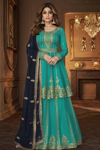 Green Georgette Semi Stitched Suit with Embroidery & Sequence Work