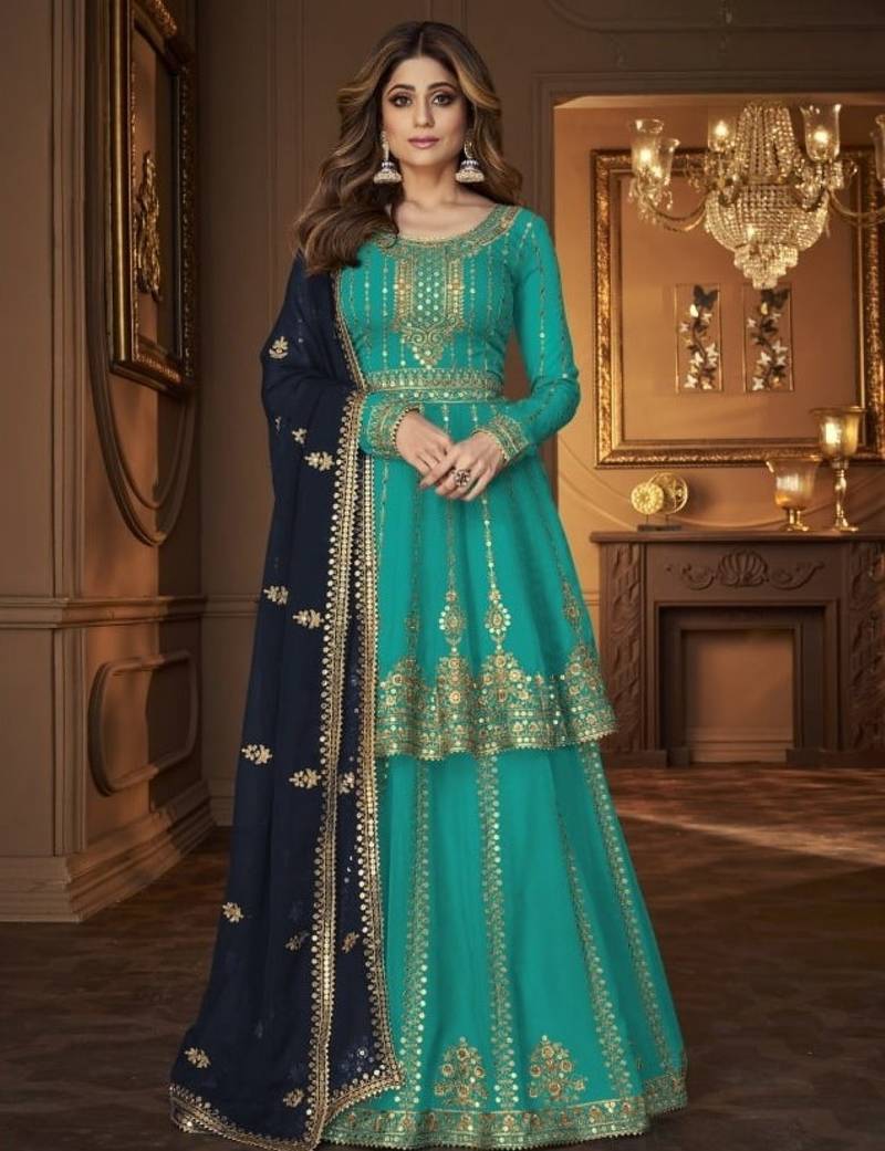 Blue georgette semi stitched suit with embroidery & sequin  work