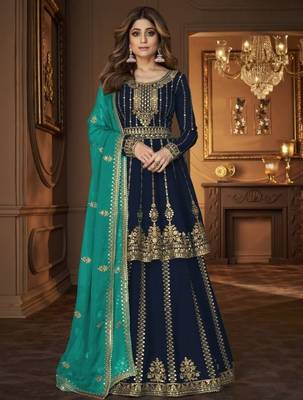 Navy georgette semi stitched suit with embroidery & sequin  work 1