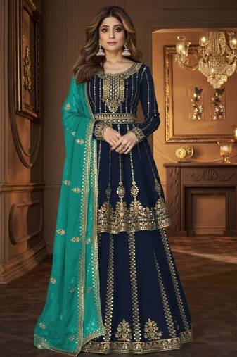 Navy Blue Georgette Semi Stitched Suit with Embroidery & Sequence Work