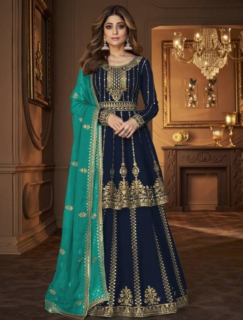 Navy georgette semi stitched suit with embroidery & sequin  work