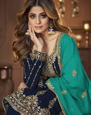 Navy georgette semi stitched suit with embroidery & sequin  work 2