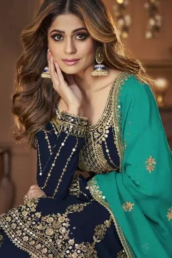 Navy georgette semi stitched suit with embroidery & sequin  work