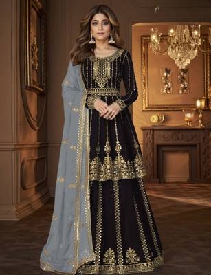 Black georgette semi stitched suit with embroidery & sequin  work 1