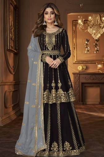 Black Georgette Semi Stitched Suit with Embroidery & Sequence Work
