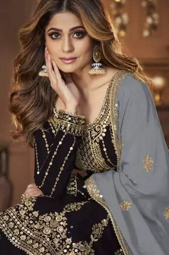 Black georgette semi stitched suit with embroidery & sequin  work