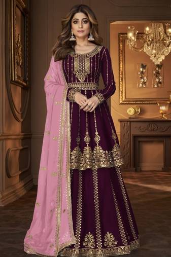 Purple Georgette Semi Stitched Suit with Embroidery & Sequence Work
