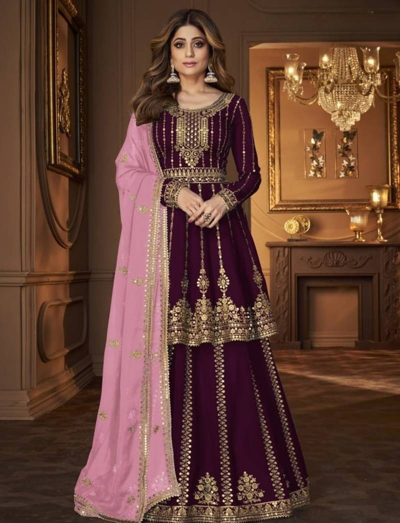 Maroon georgette semi stitched suit with embroidery & sequin  work