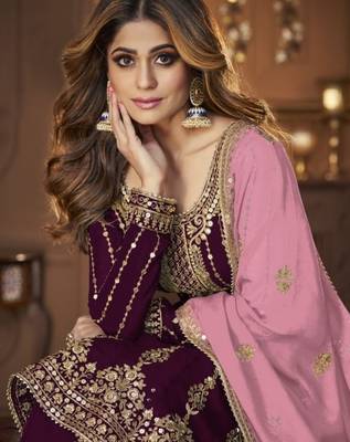Maroon georgette semi stitched suit with embroidery & sequin  work 2
