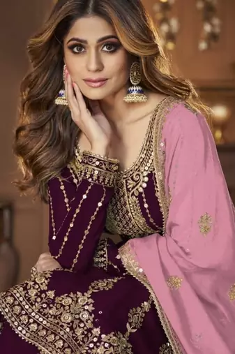Maroon georgette semi stitched suit with embroidery & sequin  work