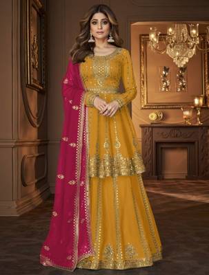 Yellow georgette semi stitched suit with embroidery & sequin  work 1