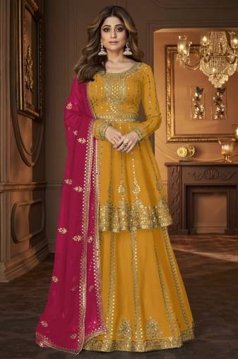 Yellow Georgette Semi Stitched Suit with Embroidery & Sequence Work