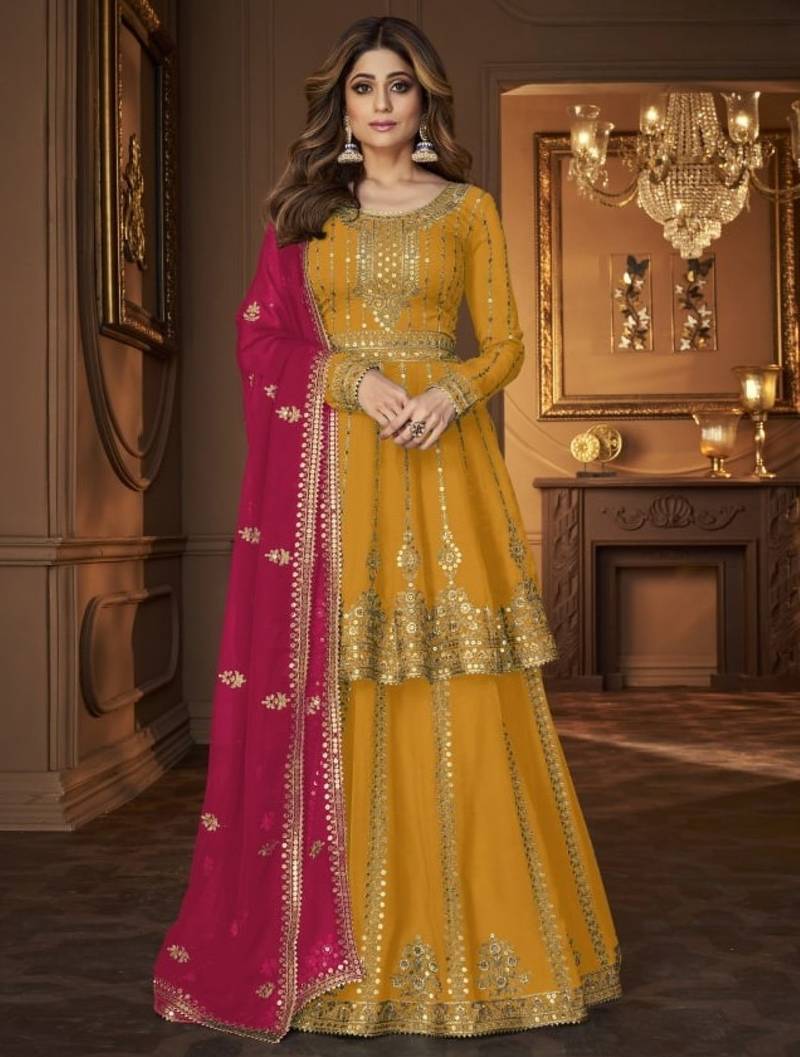 Yellow georgette semi stitched suit with embroidery & sequin  work