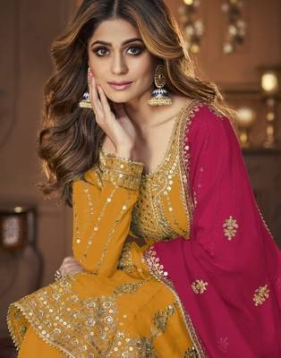 Yellow georgette semi stitched suit with embroidery & sequin  work 2
