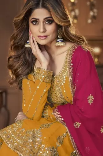 Yellow georgette semi stitched suit with embroidery & sequin  work