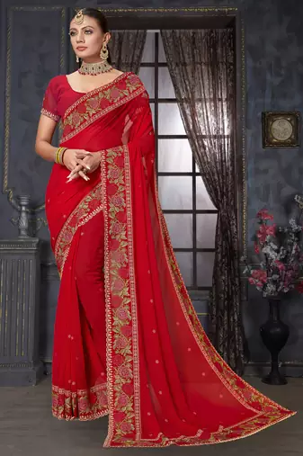 Red heavy resham siroski stone work georgette designer saree
