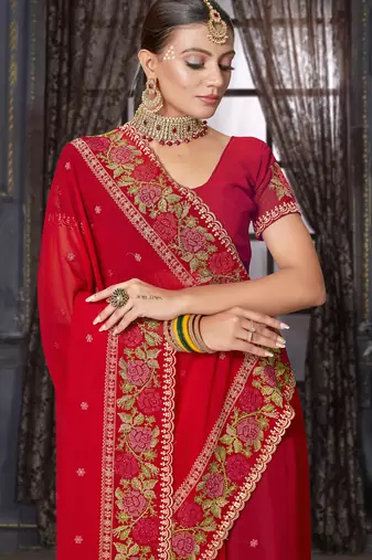 Red heavy resham siroski stone work georgette designer saree
