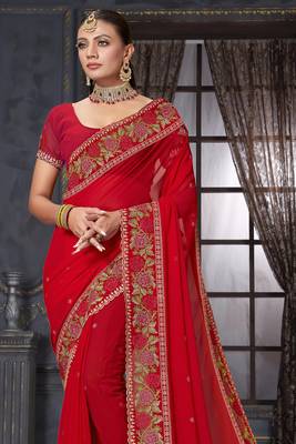 Red heavy resham siroski stone work georgette designer saree 3
