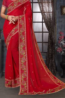 Red heavy resham siroski stone work georgette designer saree 4