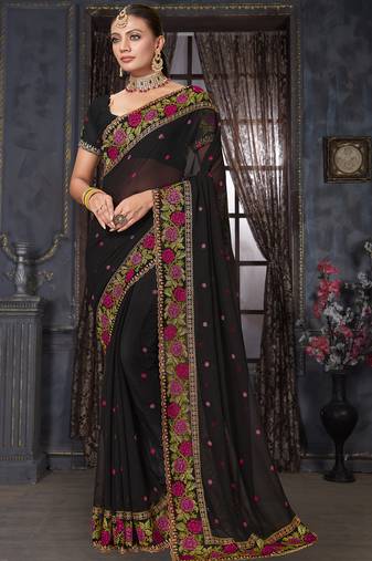 Black heavy resham siroski stone work georgette designer saree