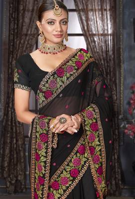 Black heavy resham siroski stone work georgette designer saree 2