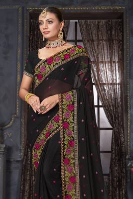 Black heavy resham siroski stone work georgette designer saree 3