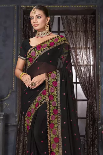 Black heavy resham siroski stone work georgette designer saree