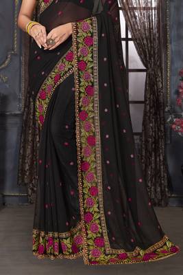 Black heavy resham siroski stone work georgette designer saree 4